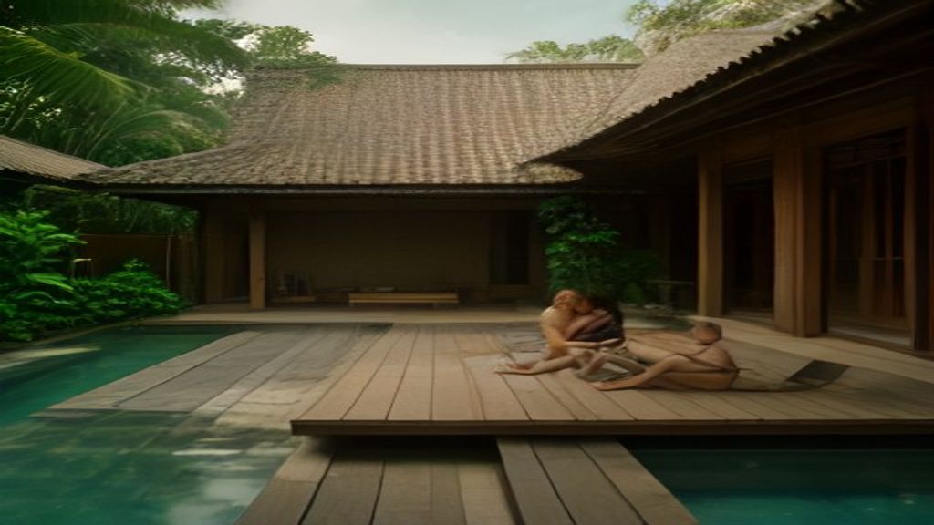 Suasana kolam renang di villa Jogja sewa harian yang asri dan cocok untuk liburan keluarga.